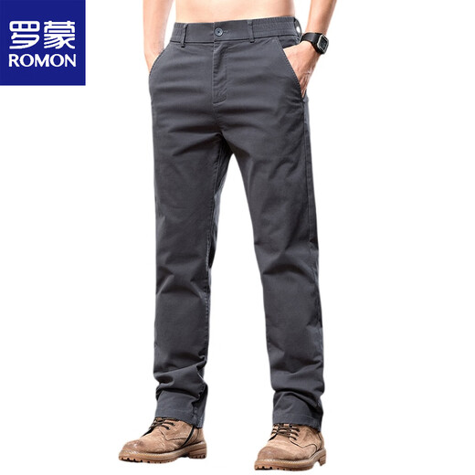 ROMON (ROMON) 2025 new semi-elastic waist casual pants for men middle-aged versatile simple straight elastic pure cotton men's pants spring and summer black 6621 28