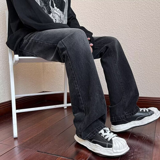 美式复古高街嘻哈春夏季渐变黑灰牛仔裤男宽松直筒阔腿潮长裤子男 XBNDMNZ-757黑色 S