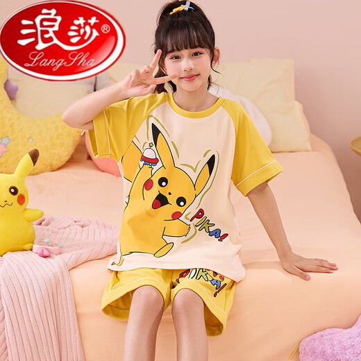 Langsha children's pajamas for women in summer short-sleeved thin cotton student girls cartoon ragbus loose set home clothes MK6623 Yugui dog powder [short set] 10 size [recommended height 110-120] All size