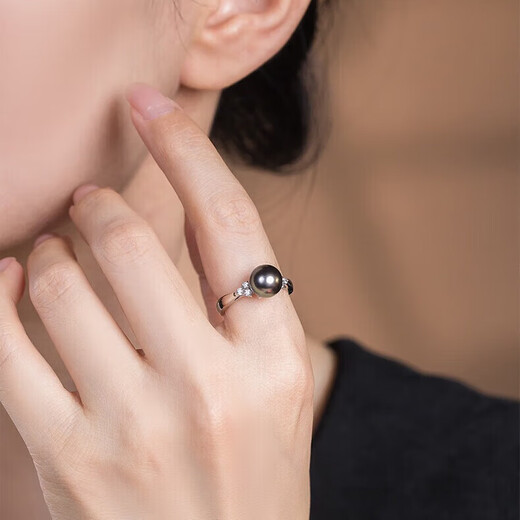 Jingrun Pearl Ring S925 Silver Tahitian Black Pearl Seawater Pearl Light Luxury Self-Wear Eye-catching Birthday Gift for Girlfriend