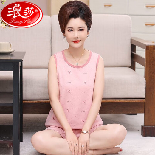 浪莎中老年睡衣女夏天棉质背心中裤中年妈妈加肥加大码无袖家居服套装 1355# M [建议80-100斤]