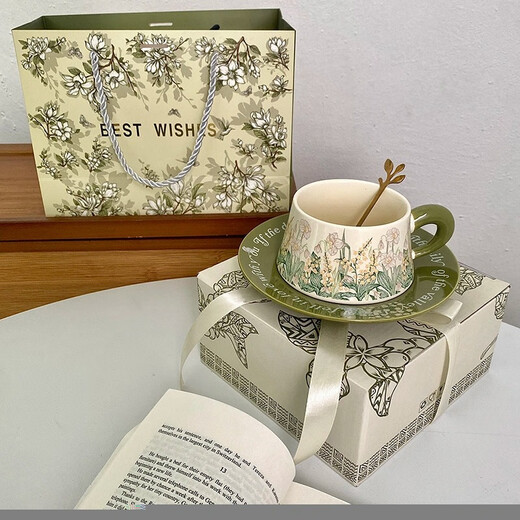 Wanjia all-ceramic coffee cup with high appearance, high-end and exquisite birthday gift box, retro girls afternoon tea Marco cup, one cup, one plate, one spoon, gift box style