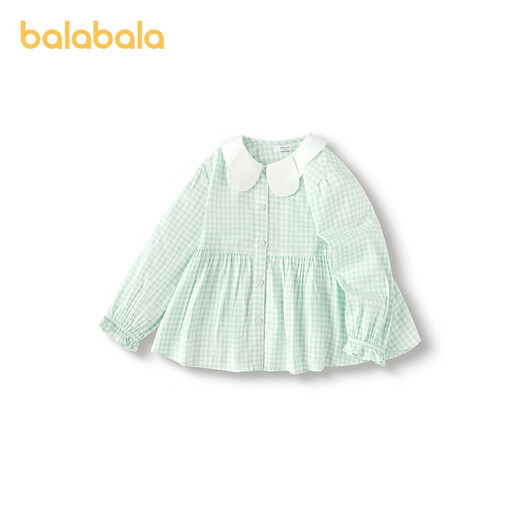 Balabala children's clothing girls long-sleeved shirt 2024 new autumn fresh plaid top white green tone 00414 120