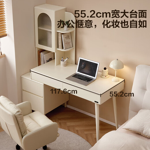 Quanyou Home Modern Cream Style Desk Computer Desk Dressing Table Home Study Desk Bookshelf All-in-One Home Storage Furniture Off-White | Desk + Reverse Shelves