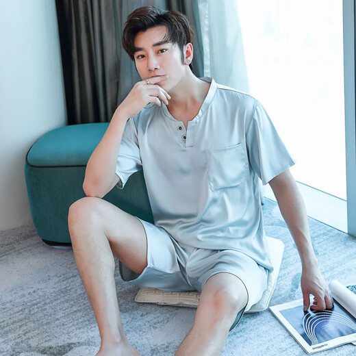 UKUHPK summer men's ice silk pajamas short-sleeved shorts suit thin home clothes cardigan 9864-gray blue L (100-125Jin[Jin equals 0.5 kg])