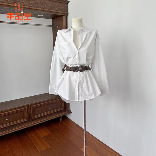 Sweet Star White Irregular Lapel Shirt Dress Belt Hot Girl Design Long Sleeve Shirt Women Single White Shirt S