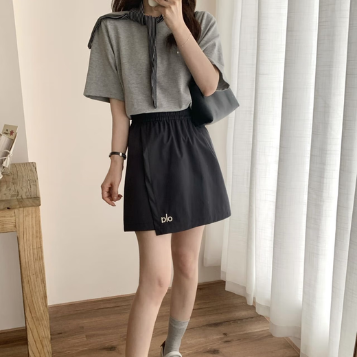 
2025 spring and summer new product Alo elastic waist wide-leg quick-drying fake two-piece women's shorts skirt and hip skirt Navy blue L (100-125Jin[Jin equals 0.5 kg])