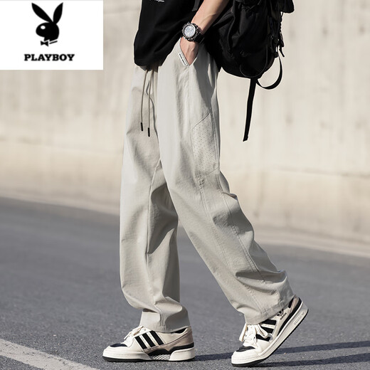 Playboy (PLAYBOY) ice silk casual pants for men summer thin quick-drying mesh breathable high street trend drawstring straight sports pants for men 6636# gray M