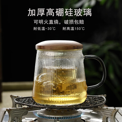 Round and interesting vertical pattern tea cup water cup tea water separation heat-resistant glass men's tea cup women's high-end personal use walnut lid vertical pattern cup 450ml