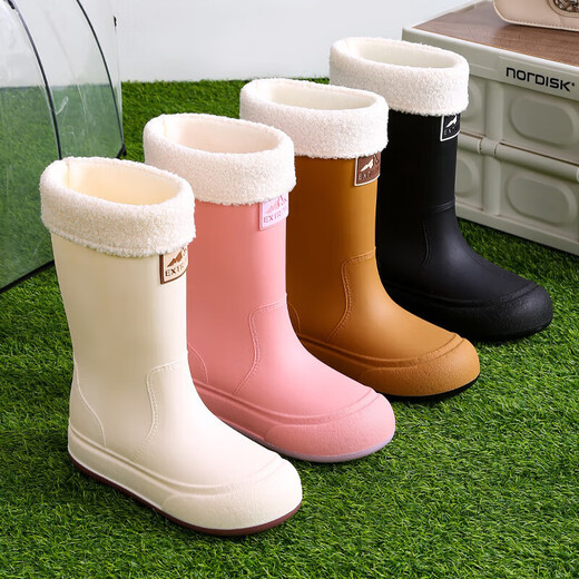 Mode Regenstiefel für Frauen mit mittlerer Röhre nicht rutschfeste wasserdichte Schuhe plus samtrische Regenstiefel Küche Arbeit vier Saison Gummischuhe überschuht Wasserstiefel weiß [flüdlos] 38