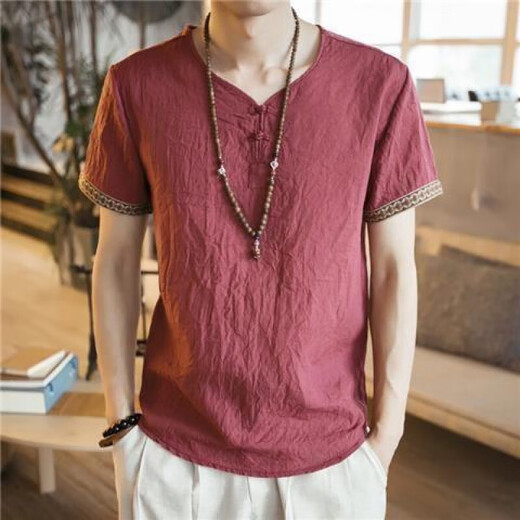 Zoscheter Chinesischer Stil Herren im chinesischen Stil von Herren T-Shirt Herren Kurzärärmelte lose, große, dünne, lässige Schnalle Retro-Baumwollwäsche auf 686 Sky Blue L 115jin [Jin ist 0,5 kg]