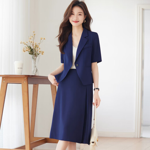 蓝色短款西装套装裙女薄款夏季小个子高级感气质职业西服外套短袖 粉色 单件外套（Ki826） 2XL