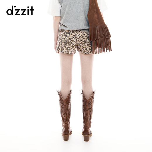 DZZIT plain denim culottes 2025 autumn new retro street leopard print A-line shorts for women 3J3R1086N dark khaki S