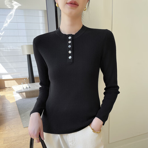 牧什精纺羊毛衫女100%纯羊毛毛衣女纯色修身抽条针织打底衫PN24E099M 白色 M