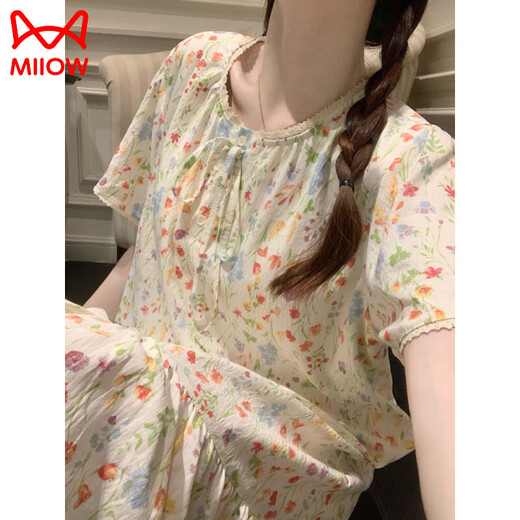 猫人（MiiOW）公主风睡衣女款夏季带胸垫彩色碎花田园风短袖睡裙2025新款家居服 16864粉花绿叶固定胸垫 2XL 175