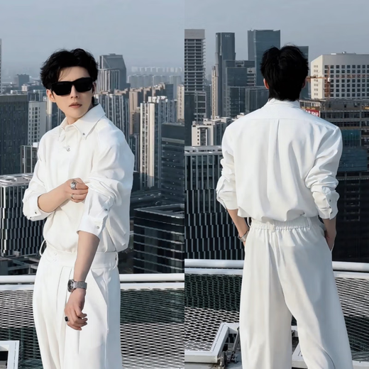 Luo Meng spring and summer high-end trendy brand suit designer simple shirt casual loose shirt trousers Pishuai original trendy white top XL 150-175Jin Jin is equal to 0.5 kg