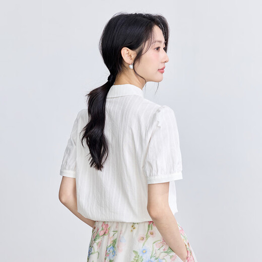 茵曼（INMAN）纯棉文艺绣花短袖白衬衫女2025夏季舒适百搭通勤翻领衬衣上衣 珍珠白 L