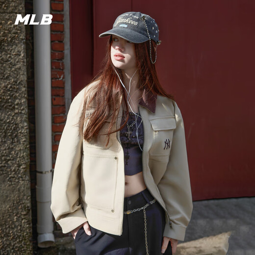 美职棒（MLB）男女情侣复古撞色领时尚工装风拉链外套25春夏新款JPB03 纽约洋基队/麻沙棕色 XS