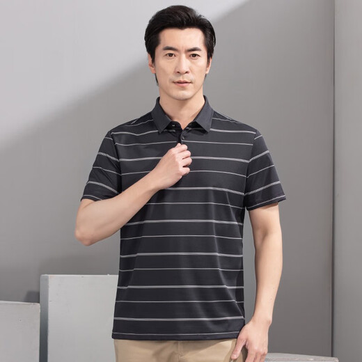 红都夏季新款男士短袖T恤商务休闲翻领簿款条纹微弹中年半袖t恤衫 咖色ta9226-2 均码 190/104A
