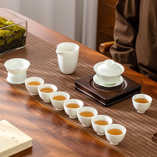 SUSHI CERAMICS Jade Jade Kung Fu Tea Set Mutton Fat Jade Ceramic Three-Cai Covered Bowl Celadon Gift Box