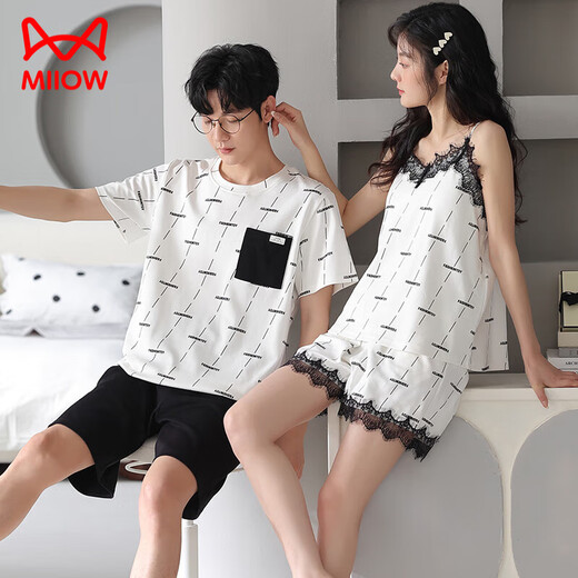 Chat man (miiow) 2 ensembles de couples pyjamas coton pur coton féminin surestime les médisseurs de nuit sexy hommes manches courtes shorts à domicile ydx-9902 # m femmes + hommes l
