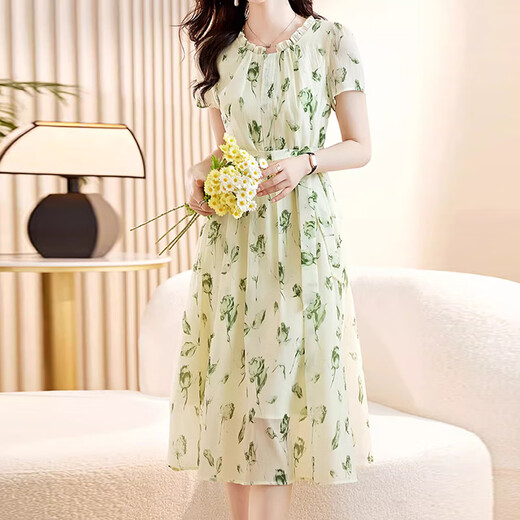 
XAE luxury high-end brand short-sleeved dress for women 2025 summer new small French slim floral chiffon skirt with rice black flowers XL