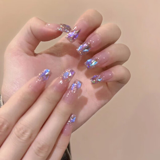 My seven-day hand-wearing nail tablets wholesale medium-length Aurora temperature glass diamond nail art finished nail patches BY1047 crystal purple butterfly phototherapy glue model