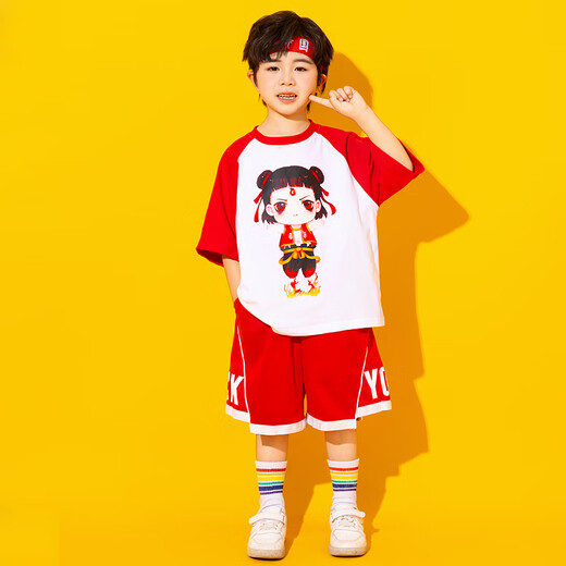 
Disney Nezha costumes, June 1 children's performance suits, summer kindergarten cheerleading costumes, elementary school sports meeting class suits, A674 white short sleeves, 140 suggestions, 130-140cm, 9-10 years old cm