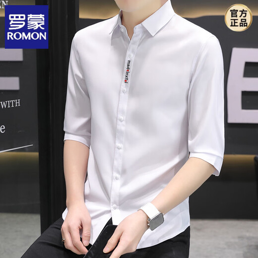 ROMON shirt men's short-sleeved ice silk Korean version men's casual five-point sleeve shirt trendy handsome summer mid-sleeved solid color inch clothes 682 gray XL 120-133Jin [Jin equals 0.5 kg]