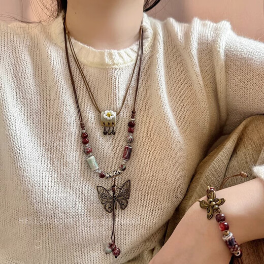 Ethnic style necklace long new Chinese style pendant accessories retro bohemian resort style ceramic braided rope necklace for women reddish kiln enlarged butterfly/1 pack