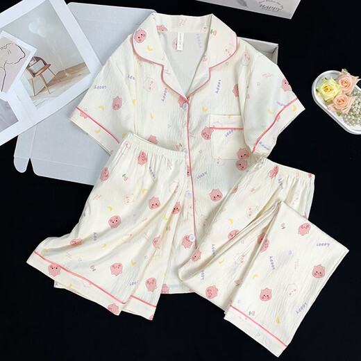 FENTENG (FENTENG) three-piece pajamas for women in summer 2025 new internet celebrity style spring and autumn cloud cotton short-sleeved short-sleeved long trousers home clothes 9922# cloud cotton three-piece set M 70-95Jin [Jin equals 0.5 kg]