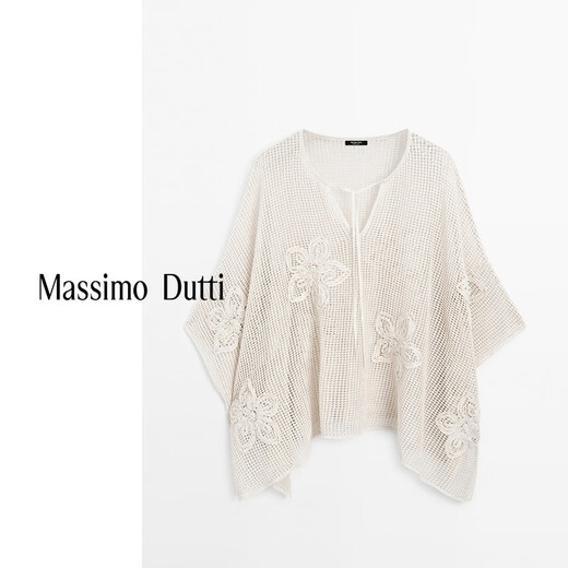 Massimo Dutti折扣升级2025女装海岛度假风刺绣镂空网眼V领针织罩衫05764716 米白色 M (170/92A)尺码偏大