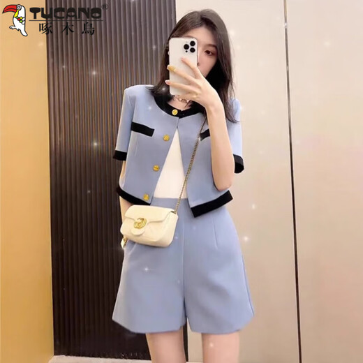 Pájaro carpintero (Tucano) Mujer coreano Summer Small Fragance Style Traje de gran tamaño, pantalones cortos delgados de tamaño, sets de dos piezas para personas pequeñas con 2xl azul