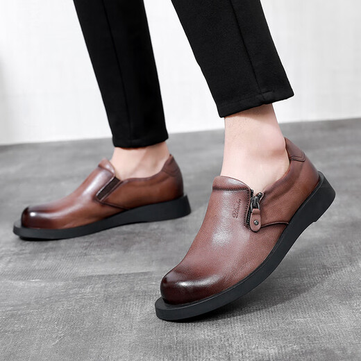 Chaussures en cuir à grande tête de Desler Version larges Round Toe Hooded Men's Chaussures For Business Casual Top Couche Cow Hide Lazy Chaussures formelles Brown 206177 Single Lower Large 41 (255 mm)