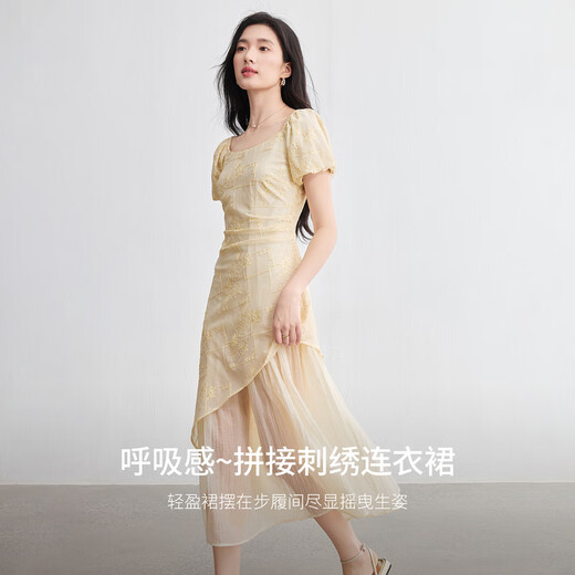 尚都比拉宫廷绣花拼接假两件方领连衣裙女夏季灯笼袖不规则茶歇裙收褶长裙