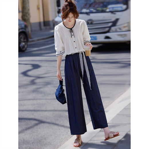Awakening Paradise French Style Literary Style Round Neck Shirt Lace Tie High Waisted Wide Leg Pants Two-piece Commuting Suit Navy XL