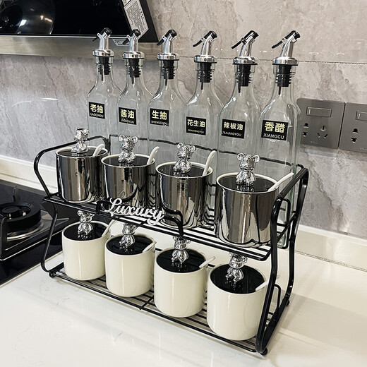 Ancient light luxury seasoning jar set seasoning box oil pot seasoning bottle storage rack combination kitchen ceramic seasoning jar salt jar