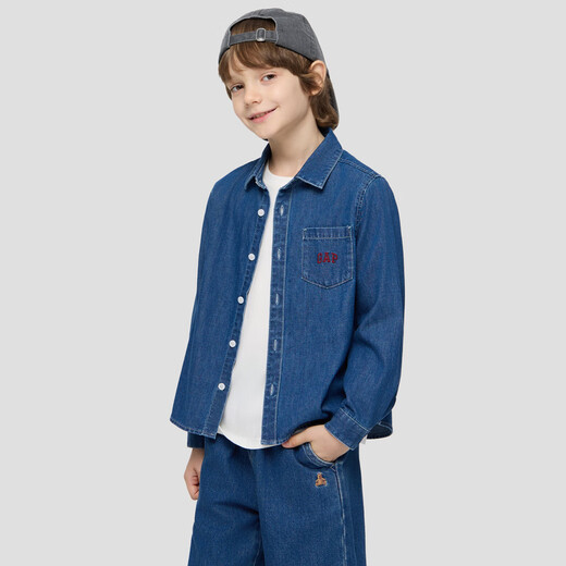 Gap, same style for both big and small children, spring style embroidered logo cotton denim shirt for boys and girls 805308, dark wash, 110 cm (4-5 years old) Asian size