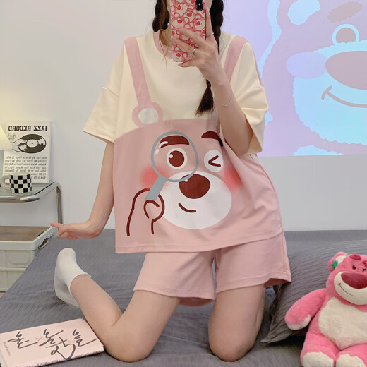Opeodly pajamas for women for summer 2025 new loose women short-sleeved spring and autumn casual home clothes summer 684 strap bear XL [Suggested 112-125Jin [Jin equals 0.5 kg]]