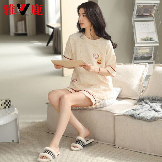 雅鹿轻奢2025睡衣女款夏季纯棉短袖短裤可外穿年新款全棉家居服套装 9855 M