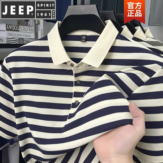 
JEEP SPIRIT short-sleeved T-shirt for men 2025 new striped lapel casual half-sleeved summer loose thin men short-sleeved POLO L9906 black M 165 recommended 90-120Jin [Jin equals 0.5 kg]
