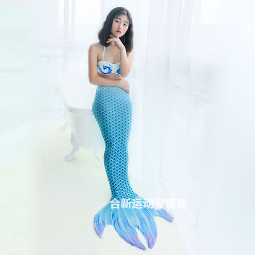 戎美丹尼美人鱼尾巴男女分体比基尼泳衣脚蹼儿童成人亲子度假摄影温泉服装 蓝色单鱼尾 L码建议身高160-165CM