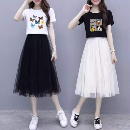 皮尔卡丹（pierre cardin）小个子连衣裙套装女夏季2025新款t恤网纱裙两件套上衣半身裙子女 6198#白色上衣+黑色裙 S