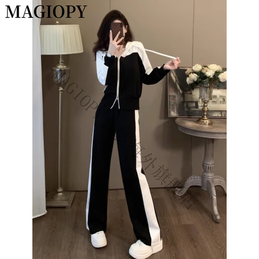 MAGIOPY international luxury high-end brand early autumn new women's suit fashionable age-reducing spliced ​​black hooded jacket top black S (100Jin [Jin equals 0.5 kg])
