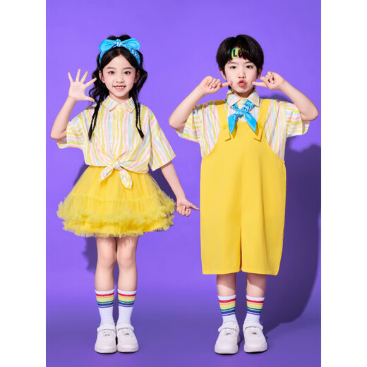 Zhaolu's 80's nostalgic clothes for Children's Children's Children's Day Performance Costumes Primary School Cheerleader Performance Costumes Kindergarten Graduation Yellow Striped Shirt + Yellow Overalls + Headband + Blue 130 cm