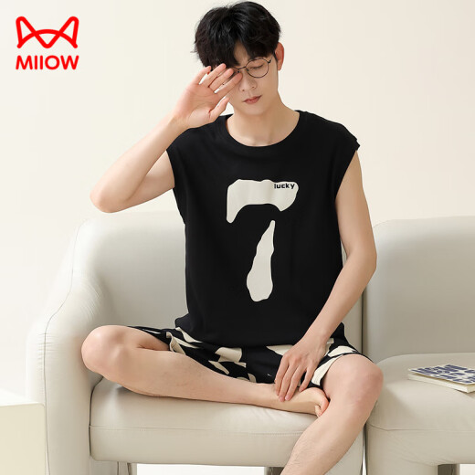 Cat Man (Miiow) Pareja Pajamas Summer Cotton Vest Dama sin mangas de gran tamaño puede usar el delgado traje de ropa casera Gey-719 (Pareja) M Mujeres + Hombres L