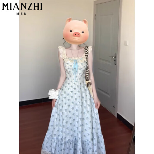 
Cotton French blue sweet floral suspender dress for women in summer 2025 new waist-hugging and high-end long skirt 2382 blue [high quality 35.5] L 100-115Jin [Jin equals 0.5 kg]
