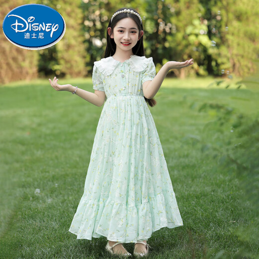 迪士尼（Disney）女童连衣裙夏装2025新款洋气儿童雪纺碎花裙薄款大童夏天棉布裙子 6630浅蓝色 赠珍珠发箍 120 cm