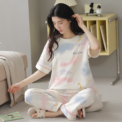 都市丽人夏季睡衣女士纯棉薄款短袖长裤学生可爱韩版套装春秋天宽松家居服 Y9713 M (建议75-95斤)