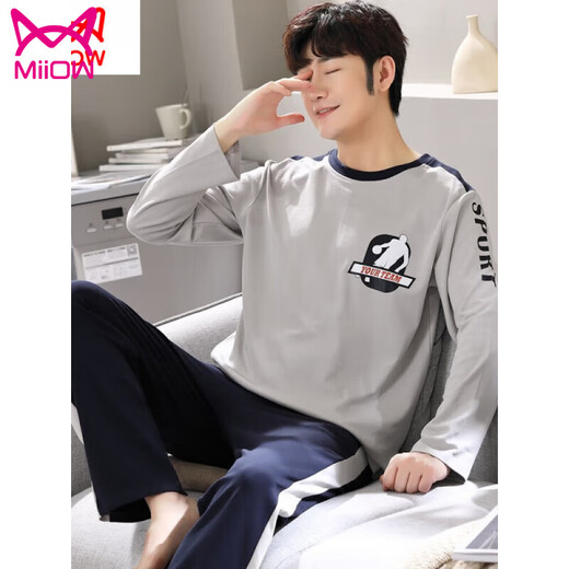 Cat Man (MiiOW) Sleeping Men Spring and Autumn Pure Cotton Long Sleeve Teenager Student Full Cotton Large Size Leisure Summer Thin Home Clothing Set Q6627 Hollow C Letter M Men's Model [80-120Jin [Jin equals 0.5 kg]]